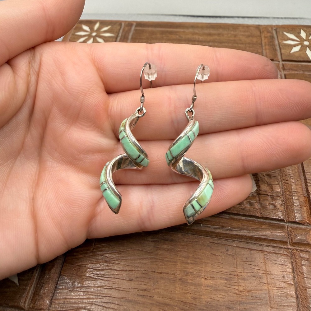 .925 Spiral Inlay Earrings Green Sterling Silver Southwestern Christmas Gift